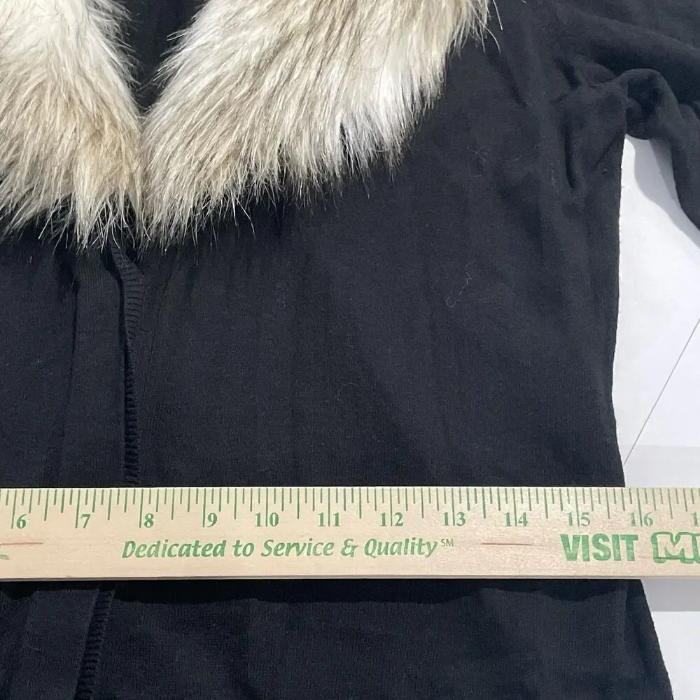 LOFT Faux Fur Collar Wool Blend Black Cardigan Size M Pockets Lightweight Button